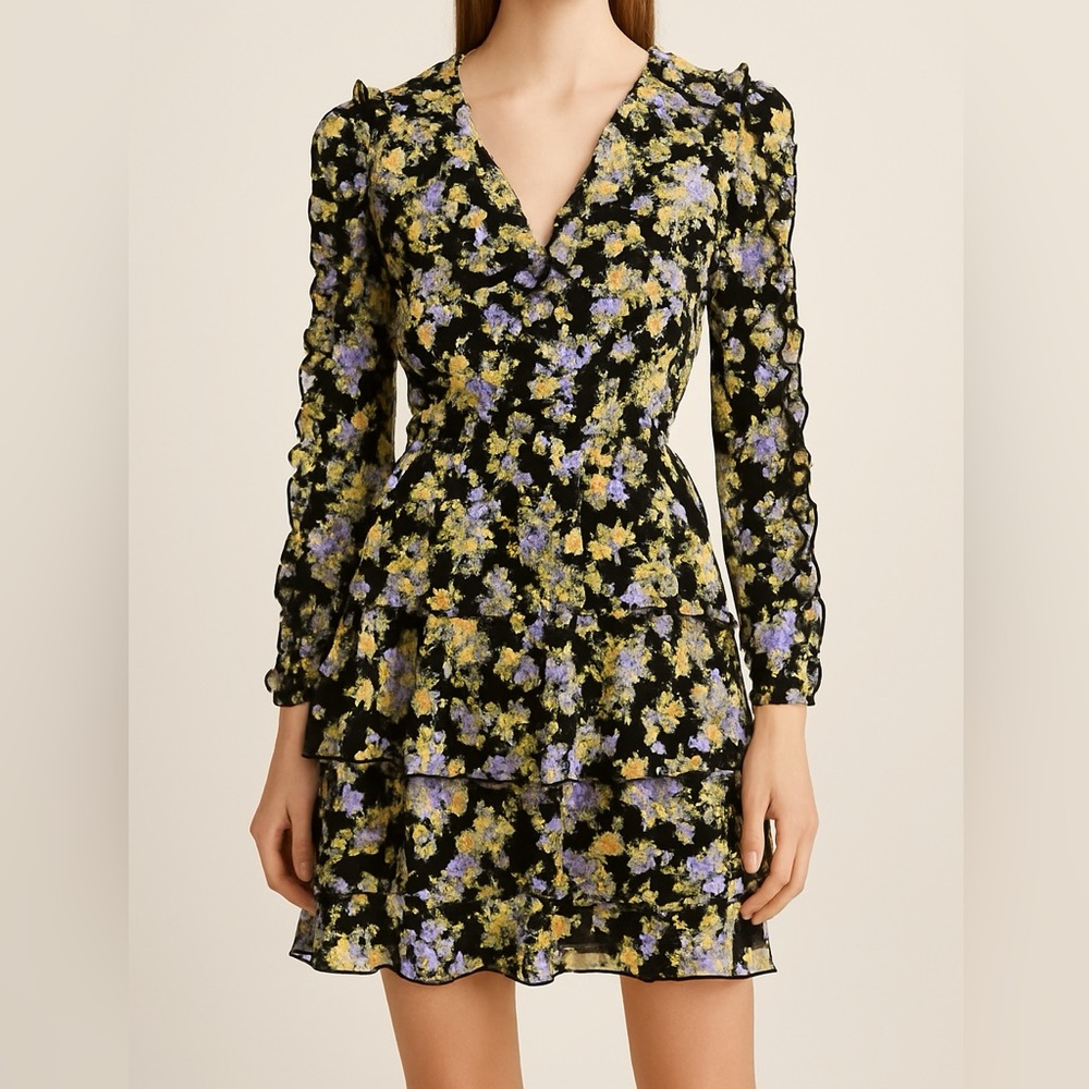 Vintage Floral Blue Yellow Green Black Ruffle Tiered Dress Small